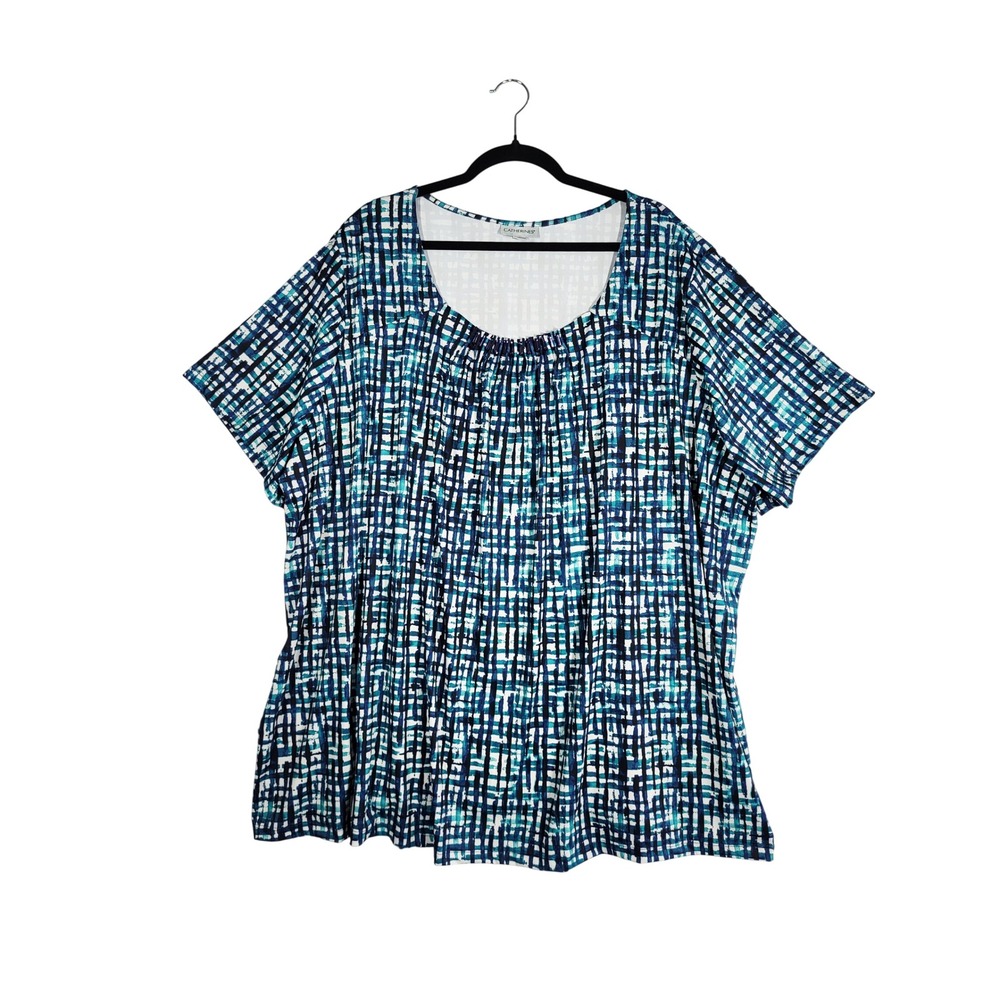 Catherines Blue Teal Abstract Plaid Short Sleeve Beaded Tunic Top 4X Scoop